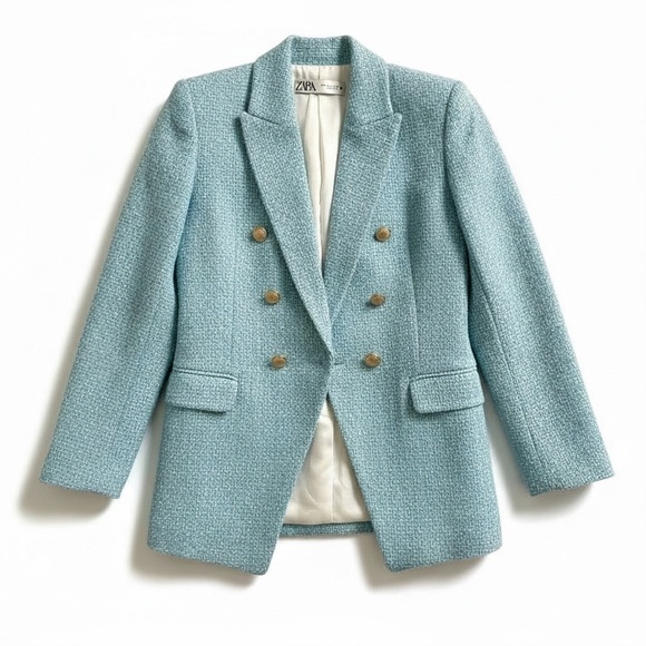 ZARA Powder Blue Tweed Blazer Button Textured Size S - Picture 1 of 9